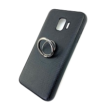 Чехол накладка для SAMSUNG Galaxy J2 Core 2018 (SM-J260), силикон, под кожу, кольцо держатель, цвет черный.