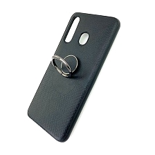 Чехол накладка для SAMSUNG Galaxy A30 2019 (SM-A305), силикон, под кожу, кольцо держатель, цвет черный.