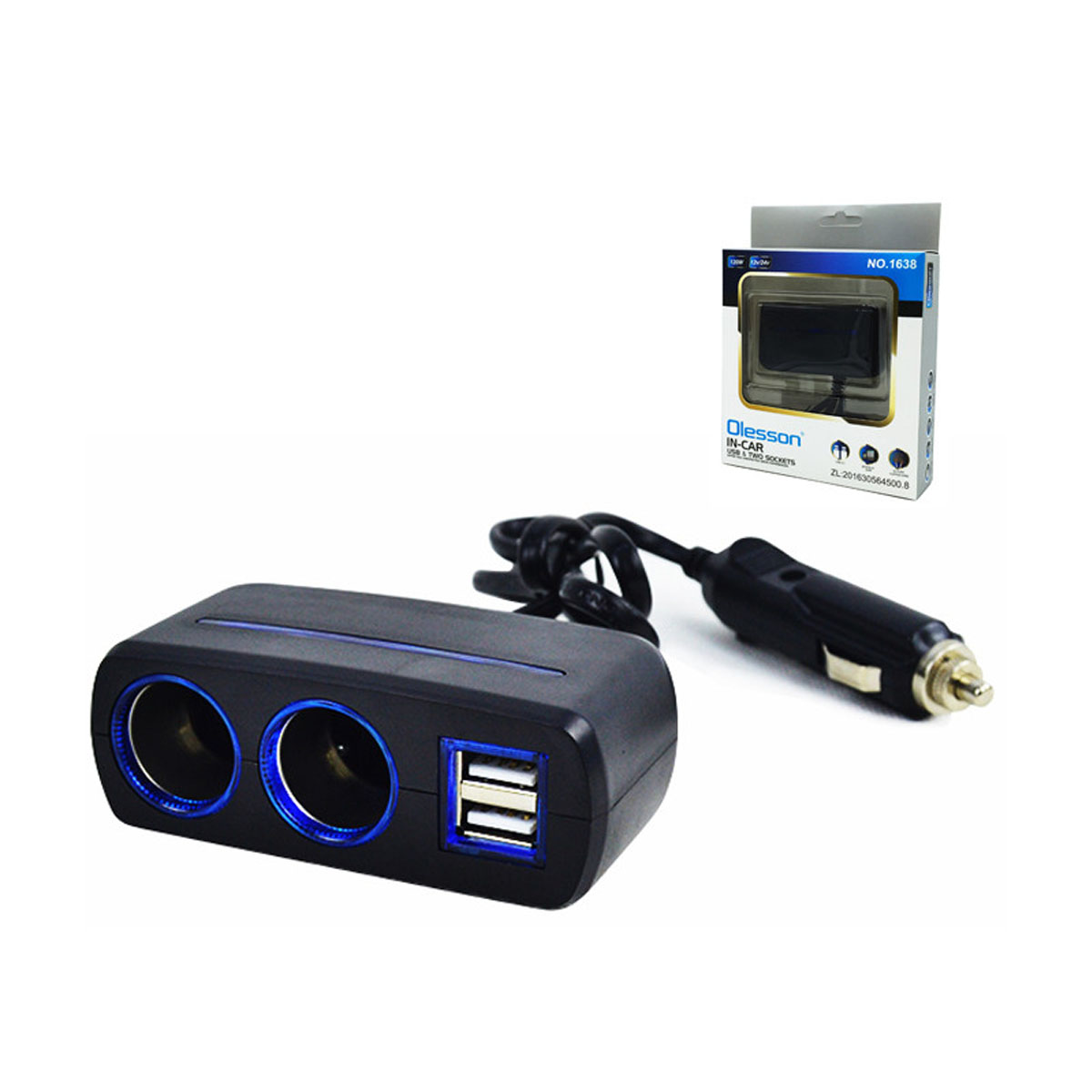 Автомобильный разветвитель OLESSON 1638, 120W, 12/24V, 2 выхода прикуривателя, 2 USB, цвет черный