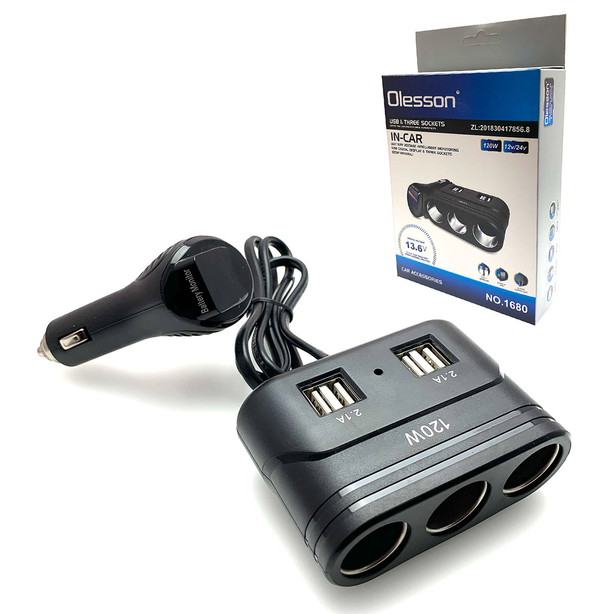Автомобильный разветвитель OLESSON 1680, 120W, 12/24V, 3 выхода прикуривателя, 4 USB, цвет черный