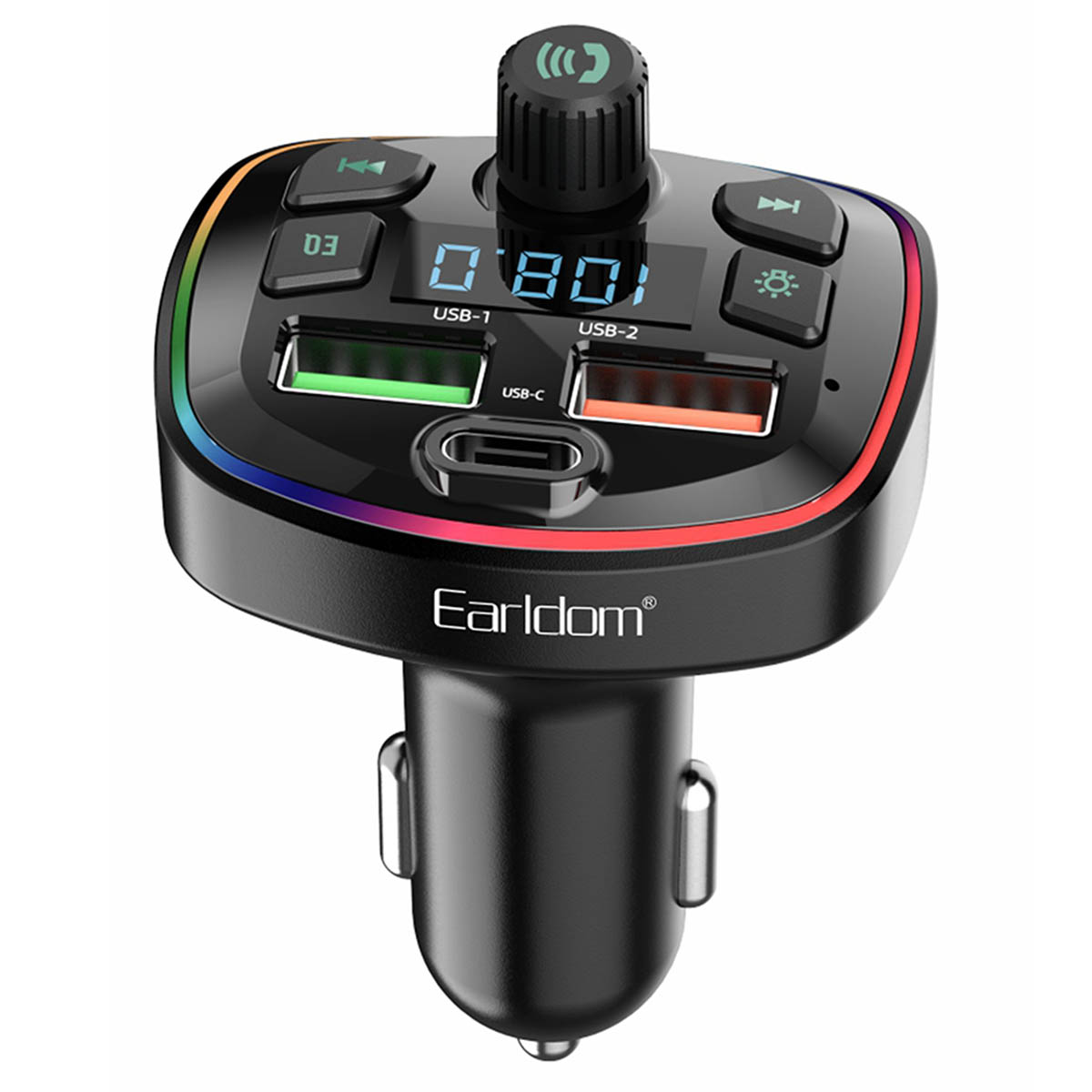 FM трансмиттер EARLDOM ET-M71, Bluetooth, 2 USB, 1 Type-C, TF Card, RGB подсветка, цвет черный