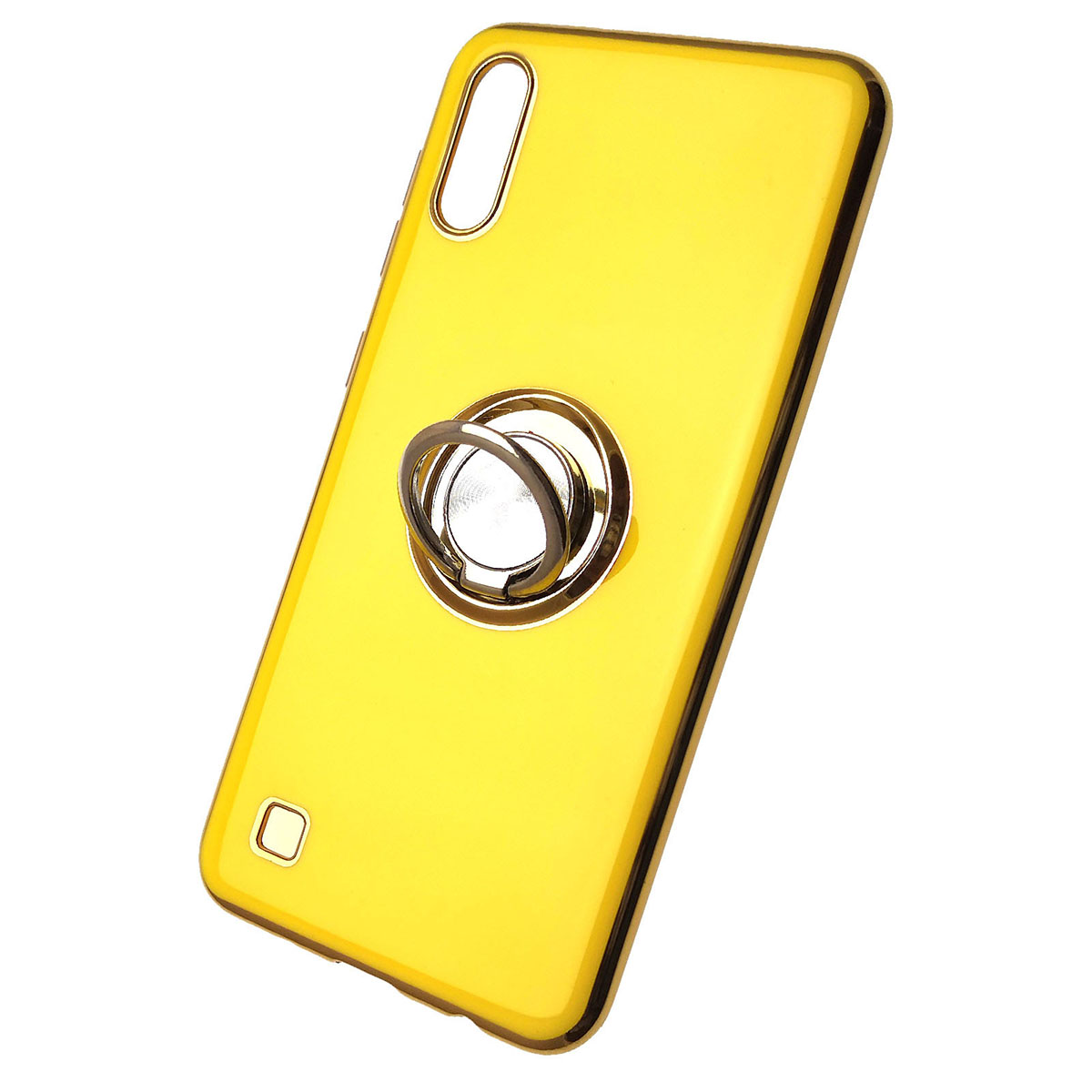 Чехол накладка для SAMSUNG Galaxy A10 (SM-A105), M10 (SM-M105), силикон, глянец, с логотипом, кольцо держатель, цвет желтый.