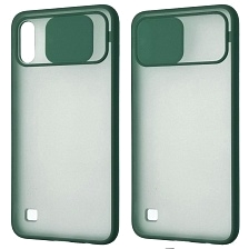 Чехол накладка для SAMSUNG Galaxy A10 (SM-A105), M10 (SM-M105), силикон, пластик, матовый, со шторкой для защиты задней камеры, цвет окантовки темно зеленый