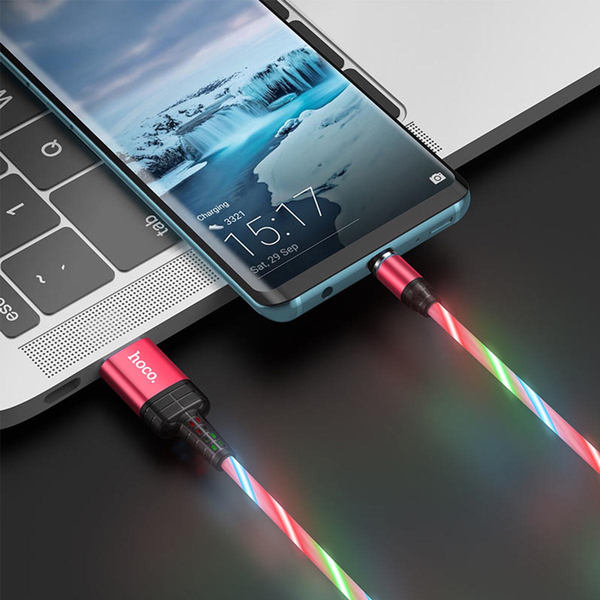 Магнитный зарядный кабель HOCO U90 USB Type C, LED подсветка, 2A, длина 1 метр, цвет красный