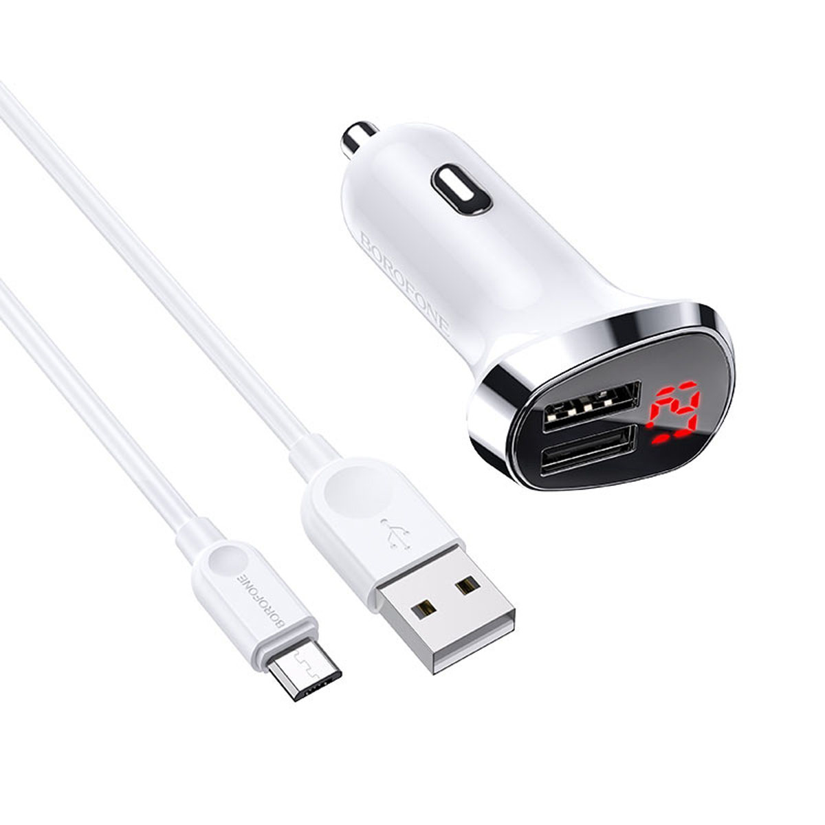 АЗУ (Автомобильное зарядное устройство) BOROFONE BZ15 Auspicious с кабелем Micro USB, 2.4А, 12W, 2 USB, длина 1 метр, цвет белый